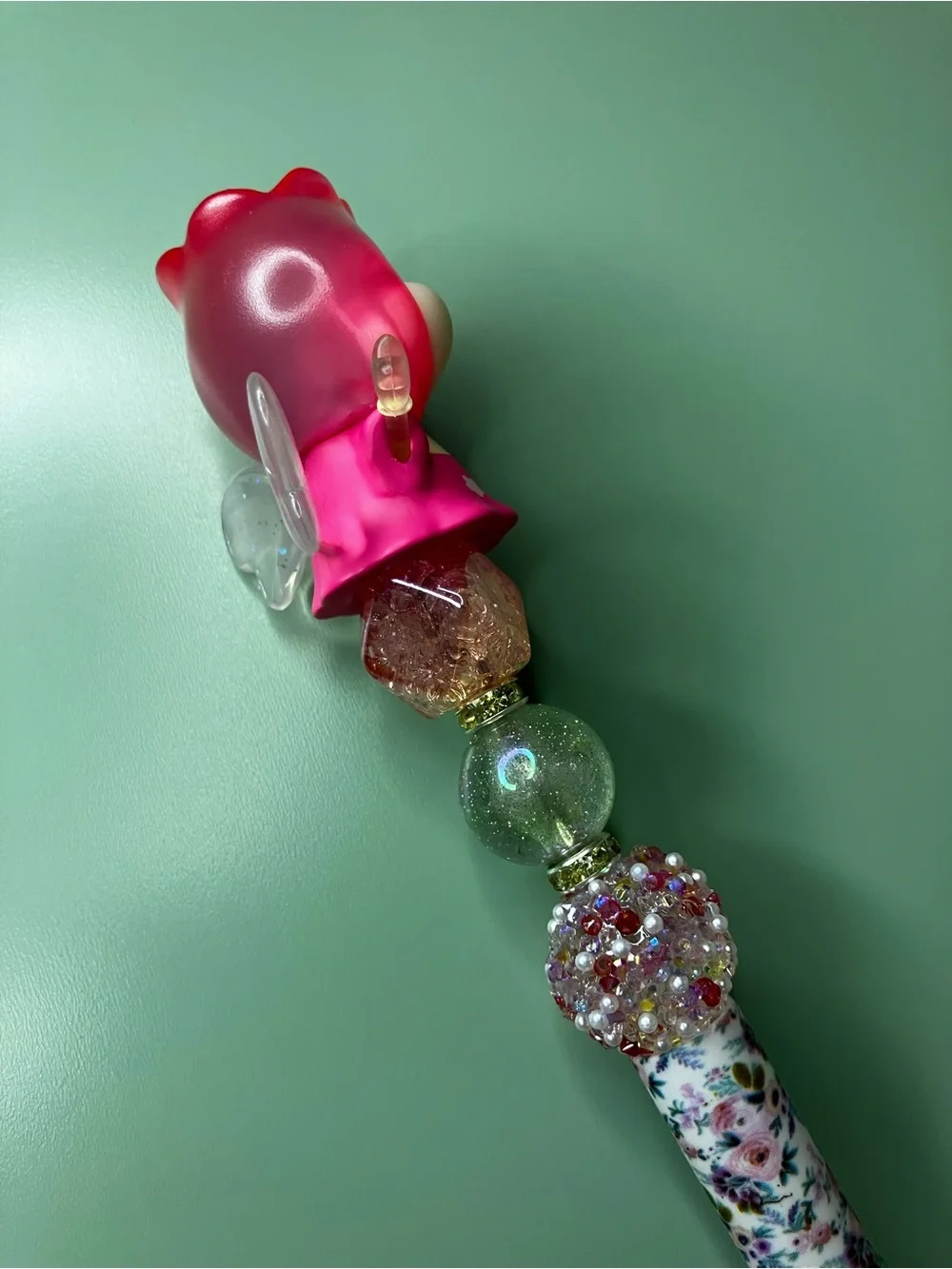Pink Flower Fairy Handmade Beaded Pen with Floral Print Barrel